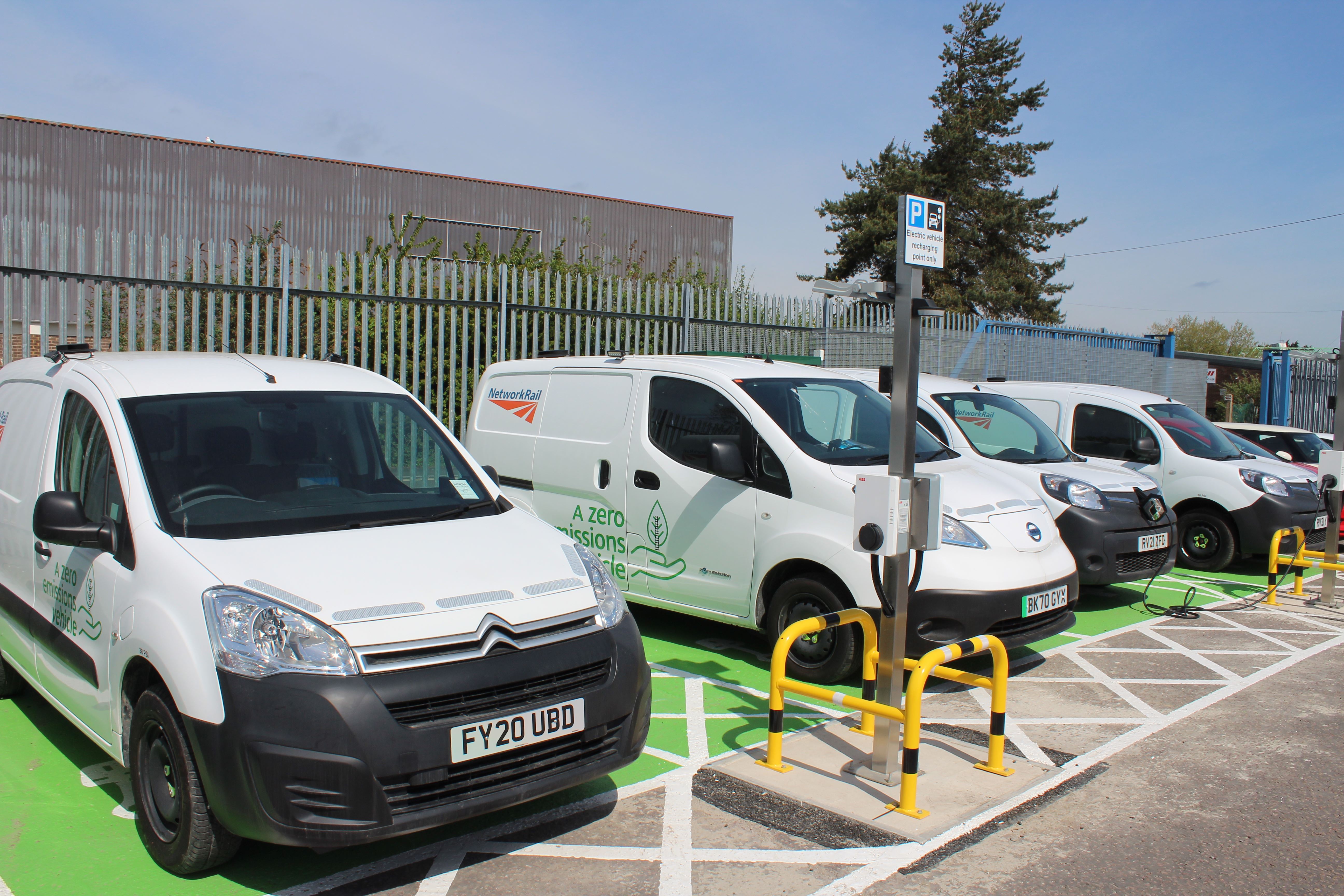 Network Rail electric vans charging at Swindon depot
